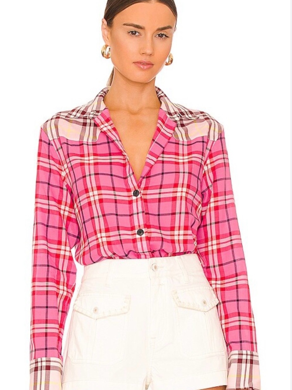 Rag & Bone Jillian Plaid Sz XXS Cotton Blend Flannel Fuchsia Pink Women's Shirt